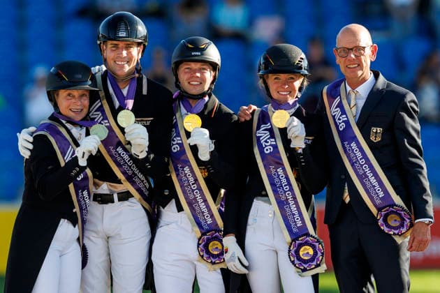 AACHEN FEI World Championships 2026, AACHEN FEI World Championships 2026 Team Germany: Katharina Hemmer (GER), Raphael Netz (GER), Frederic Wandres (GER), Isabell Werth (GER), Klaus Roeser, Chef d’Equipe; Medal ceremony; Team FEI Dressage World Championship; Grand Prix de Dressage; Team Final; Individual Qualifying Round; Lambertz Prize Aachen; Soers Equestrian Stadium; August 12, 2026
