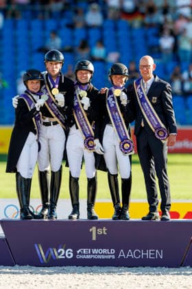 AACHEN FEI World Championships 2026, AACHEN FEI World Championships 2026 Team Germany: Katharina Hemmer (GER), Raphael Netz (GER), Frederic Wandres (GER), Isabell Werth (GER), Klaus Roeser, Chef d’Equipe; Medal ceremony; Team FEI Dressage World Championship; Grand Prix de Dressage; Team Final; Individual Qualifying Round; Lambertz Prize Aachen; Soers Equestrian Stadium; August 12, 2026