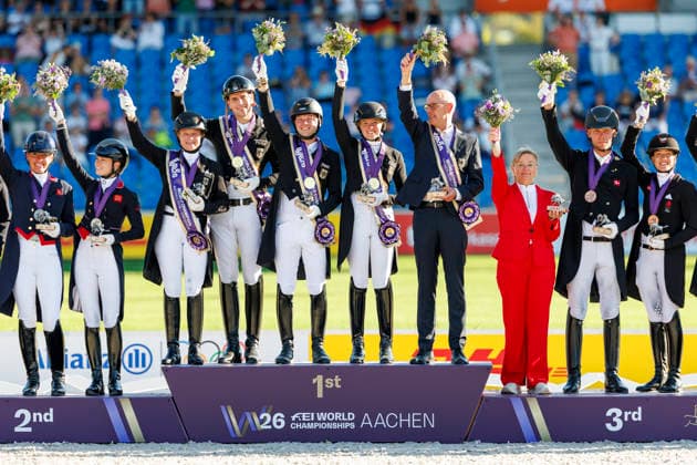 AACHEN FEI World Championships 2026, AACHEN FEI World Championships 2026 Team Germany: Katharina Hemmer (GER), Raphael Netz (GER), Frederic Wandres (GER), Isabell Werth (GER), Klaus Roeser, Chef d’Equipe; Medal ceremony; Team FEI Dressage World Championship; Grand Prix de Dressage; Team Final; Individual Qualifying Round; Lambertz Prize Aachen; Soers Equestrian Stadium; August 12, 2026