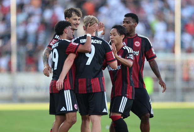 August 12, 2026, Soccer Friendly Match, FSV Frankfurt vs. Eintracht Frankfurt, from left: Goal celebration after the 0–3 goal by Jonathan Burkardt (Eintracht Frankfurt), Ayoube Amaimouni Echghouyab (Eintracht Frankfurt), Robin Koch (Eintracht Frankfurt), Keita Kosugi (Eintracht Frankfurt), Goal celebration, celebrating the goal. DFL and DFB regulations prohibit any use of photographs as image sequences and or quasi-video. xdcx Copyright: HMBxMedia Claus