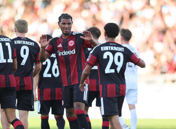 August 12, 2026, Soccer Friendly Match, FSV Frankfurt vs. Eintracht Frankfurt, from left, goal celebration for the 0–1 goal by Otavio Galdino Fernandes of Eintracht Frankfurt, goal celebration, celebrating the goal. DFL and DFB regulations prohibit any use of photographs as image sequences and or quasi-video. xdcx Copyright: HMBxMedia Claus