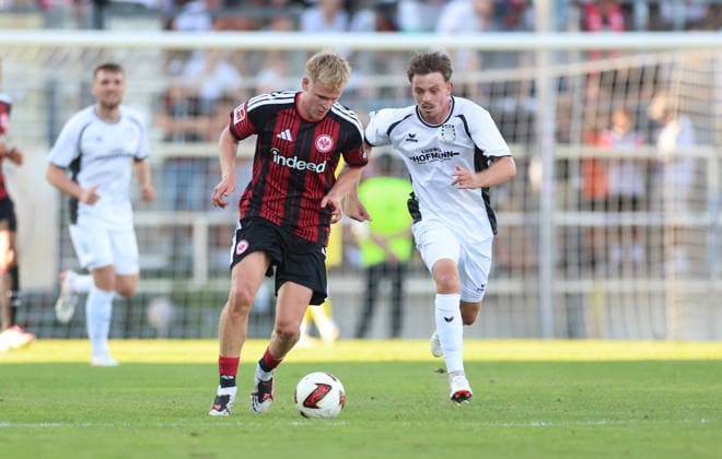 August 12, 2026, Soccer friendly match, FSV Frankfurt vs. Eintracht Frankfurt, from left: Jonathan Burkardt (Eintracht Frankfurt), Amar Suljic (FSV Frankfurt). DFL and DFB regulations prohibit any use of photographs as image sequences and or quasi-video. xdcx Copyright: HMBxMedia Claus