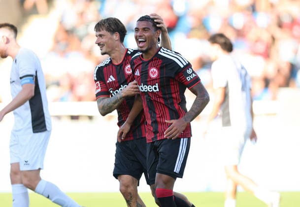 August 12, 2026, Soccer Friendly Match, FSV Frankfurt vs. Eintracht Frankfurt, from left, goal celebration for the 0–1 goal by Otavio Galdino Fernandes of Eintracht Frankfurt, goal celebration, celebrating the goal, Robin Koch, Eintracht Frankfurt. DFL and DFB regulations prohibit any use of photographs as image sequences and or quasi-video. xdcx Copyright: HMBxMedia Claus