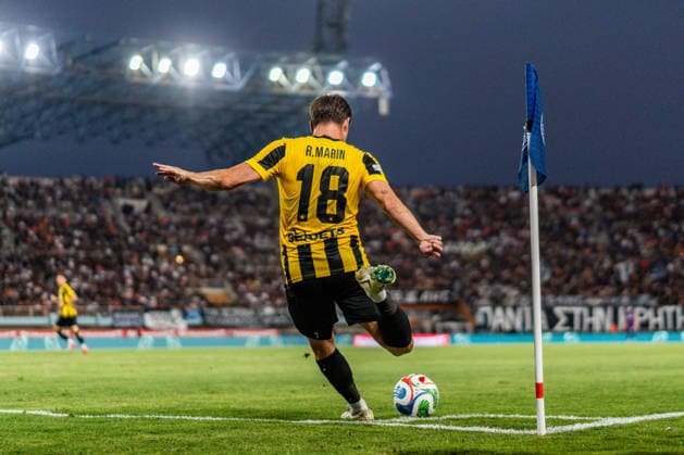 Superbet Supercup Greece, AEK Athens vs. OFI Crete on August 12, 2026, at Pankritio Stadium in Heraklion; Razvan Marin taking a corner kick Copyright: xBahhoxKarax