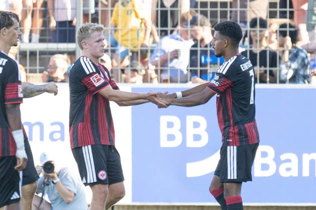 Friendly Match: FSV Frankfurt vs. Eintracht Frankfurt, August 12, 2026; Jonathan Burkardt (Eintracht Frankfurt) 9, Ansgar Knauff (Eintracht Frankfurt) 7; after the goal, the score was 0–3; FSV Frankfurt vs. Eintracht Frankfurt, Frankfurt, BBBank Arena, August 12, 2026 Copyright: xBEAUTIFULxSPORTS Gawlikx