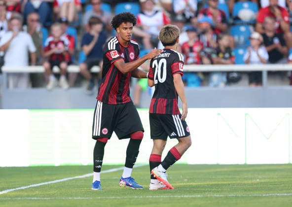 August 12, 2026, Soccer Friendly Match, FSV Frankfurt vs. Eintracht Frankfurt, from left, goal celebration for the 0–4 goal by Malik Pimpong of Eintracht Frankfurt, goal celebration, celebrating the goal. DFL and DFB regulations prohibit any use of photographs as image sequences and or quasi-video. xdcx Copyright: HMBxMedia Claus