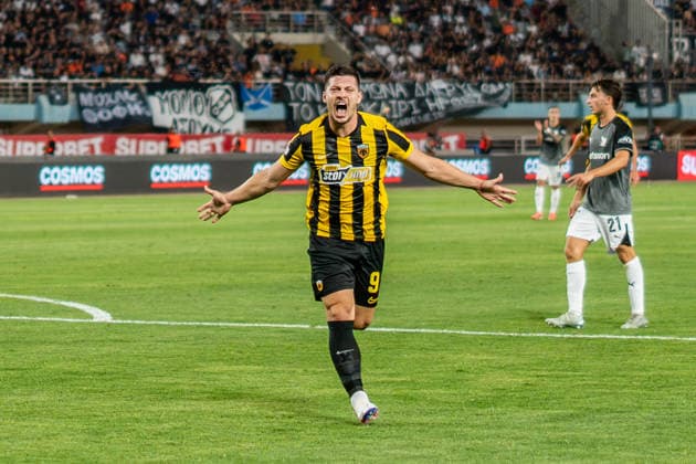 Superbet Super Cup Greece, AEK Athens vs. OFI Crete on August 12, 2026, at Pankritio Stadium in Heraklion; Luka Jovic scores the 1-0 goal Copyright: xBahhoxKarax