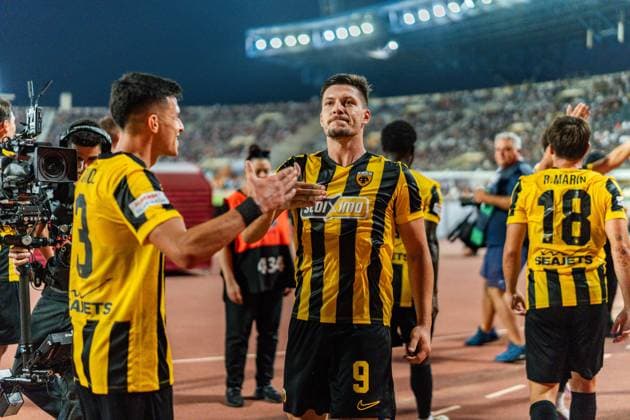 Superbet Super Cup Greece, AEK Athens vs. OFI Crete on August 12, 2026, at Pankritio Stadium in Heraklion; Luka Jovic scores the 1-0 goal Copyright: xBahhoxKarax