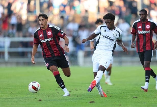 August 12, 2026, Soccer friendly match, FSV Frankfurt vs. Eintracht Frankfurt, from left: Fares Chaibi (Eintracht Frankfurt), Uche Obiogumu (FSV Frankfurt). DFL and DFB regulations prohibit any use of photographs as image sequences and or quasi-video. xdcx Copyright: HMBxMedia Claus
