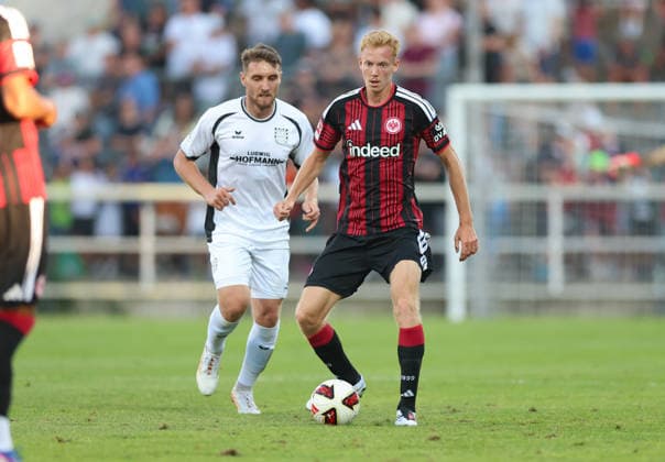 August 12, 2026, Soccer friendly match, FSV Frankfurt vs. Eintracht Frankfurt, from left: Amar Suljic (FSV Frankfurt), Hugo Larsson (Eintracht Frankfurt). DFL and DFB regulations prohibit any use of photographs as image sequences and or quasi-video. xdcx Copyright: HMBxMedia Claus