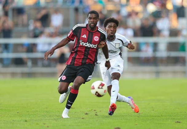 August 12, 2026, Soccer friendly match, FSV Frankfurt vs. Eintracht Frankfurt, from left: Niels Nkounkou (Eintracht Frankfurt), Uche Obiogumu (FSV Frankfurt). DFL and DFB regulations prohibit any use of photographs as image sequences and or quasi-video. xdcx Copyright: HMBxMedia Claus