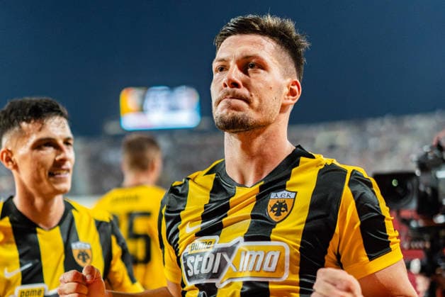 Superbet Super Cup Greece, AEK Athens vs. OFI Crete on August 12, 2026, at Pankritio Stadium in Heraklion; Luka Jovic scores the 1-0 goal Copyright: xBahhoxKarax