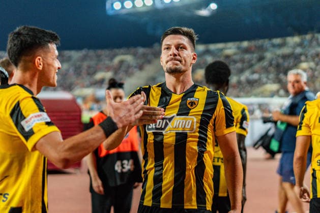 Superbet Super Cup Greece, AEK Athens vs. OFI Crete on August 12, 2026, at Pankritio Stadium in Heraklion; Luka Jovic scores the 1-0 goal Copyright: xBahhoxKarax