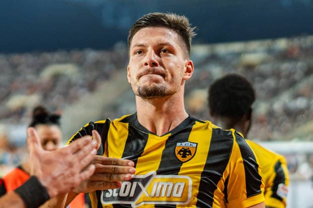 Superbet Super Cup Greece, AEK Athens vs. OFI Crete on August 12, 2026, at Pankritio Stadium in Heraklion; Luka Jovic scores the 1-0 goal Copyright: xBahhoxKarax