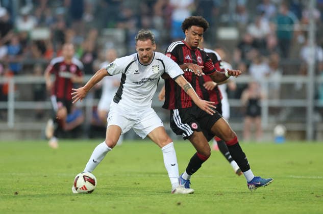 August 12, 2026, Soccer friendly match, FSV Frankfurt vs. Eintracht Frankfurt, from left: Lukas Gottwalt (FSV Frankfurt), Malik Pimpong (Eintracht Frankfurt). DFL and DFB regulations prohibit any use of photographs as image sequences and or quasi-video. xdcx Copyright: HMBxMedia Claus