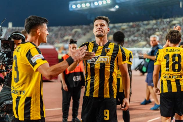Superbet Super Cup Greece, AEK Athens vs. OFI Crete on August 12, 2026, at Pankritio Stadium in Heraklion; Luka Jovic scores the 1-0 goal Copyright: xBahhoxKarax