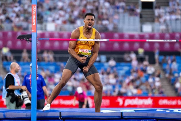 August 12, 2026, GBR, Track and Field, 2026 European Championships, Morning Session, Day 3, Birmingham; Leo Neugebauer of Germany celebrates a jump, Men s Decathlon, High Jump, Birmingham Alexander Stadium, England, Great Britain Copyright: xNordphoto Memmlerx