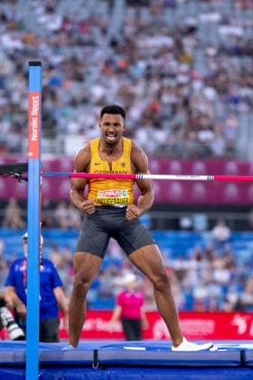 August 12, 2026, GBR, Track and Field, 2026 European Championships, Morning Session, Day 3, Birmingham; Leo Neugebauer of Germany celebrates a jump, Men s Decathlon, High Jump, Birmingham Alexander Stadium, England, Great Britain Copyright: xNordphoto Memmlerx