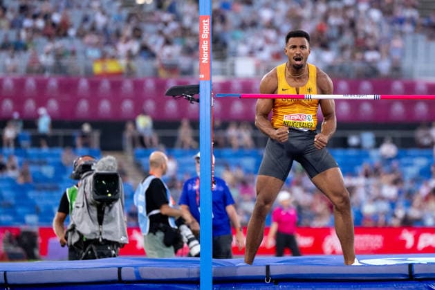 August 12, 2026, GBR, Track and Field, 2026 European Championships, Morning Session, Day 3, Birmingham; Leo Neugebauer of Germany celebrates a jump, Men s Decathlon, High Jump, Birmingham Alexander Stadium, England, Great Britain Copyright: xNordphoto Memmlerx