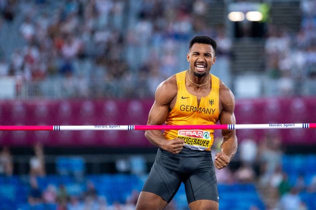 August 12, 2026, GBR, Track and Field, 2026 European Championships, Morning Session, Day 3, Birmingham; Leo Neugebauer of Germany celebrates a jump, Men s Decathlon, High Jump, Birmingham Alexander Stadium, England, Great Britain Copyright: xNordphoto Memmlerx