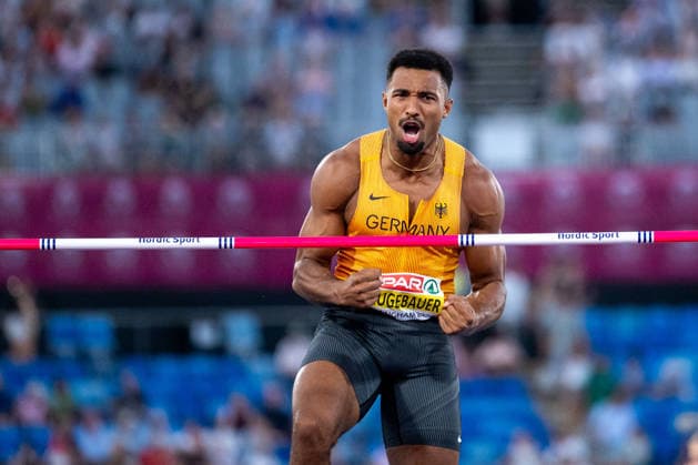 August 12, 2026, GBR, Track and Field, 2026 European Championships, Morning Session, Day 3, Birmingham; Leo Neugebauer of Germany celebrates a jump, Men s Decathlon, High Jump, Birmingham Alexander Stadium, England, Great Britain Copyright: xNordphoto Memmlerx
