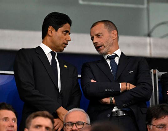 August 12, 2026, Soccer: 2026 UEFA Super Cup Final in Salzburg, Austria, Paris Saint-Germain vs. Aston Villa, at the Red Bull Arena in Wals near Salzburg, featuring Paris Saint-Germain President Nasser Al Khelaifi and UEFA President Aleksander Ceferin