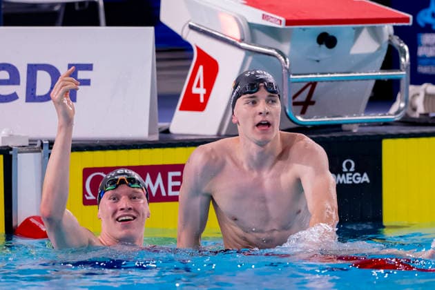 France, Paris, Centre Aquatique Olympique Metropole du Grand Paris, August 12, 2026, European Aquatics Championships, Day 13 Final Session, Sven Schwarz, Waspo 98 Hannover and Johannes Liebmann, SC Magdeburg, Germany, Photo by Eibner Pressefoto Tino Henschel European Aquatics Championships, Day 13 Final Session, Paris Copyright: xEibnerxPressefotox