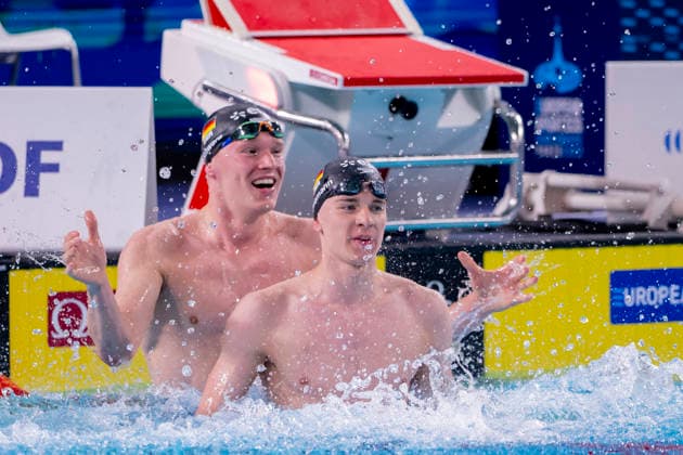 France, Paris, Centre Aquatique Olympique Metropole du Grand Paris, August 12, 2026, European Aquatics Championships, Day 13 Final Session, Sven Schwarz, Waspo 98 Hannover and Johannes Liebmann, SC Magdeburg, Germany, Photo by Eibner Pressefoto Tino Henschel European Aquatics Championships, Day 13 Final Session, Paris Copyright: xEibnerxPressefotox