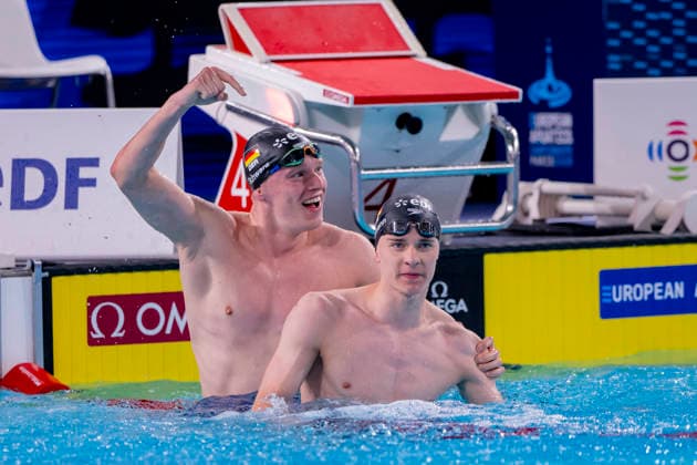 France, Paris, Centre Aquatique Olympique Metropole du Grand Paris, August 12, 2026, European Aquatics Championships, Day 13 Final Session, Sven Schwarz, Waspo 98 Hannover and Johannes Liebmann, SC Magdeburg, Germany, Photo by Eibner Pressefoto Tino Henschel European Aquatics Championships, Day 13 Final Session, Paris Copyright: xEibnerxPressefotox