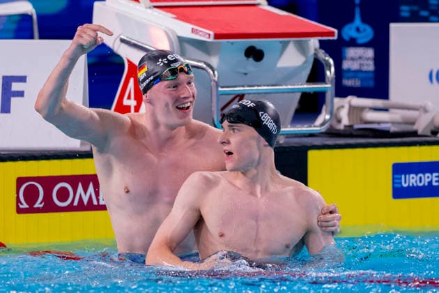France, Paris, Centre Aquatique Olympique Metropole du Grand Paris, August 12, 2026, European Aquatics Championships, Day 13 Final Session, Sven Schwarz, Waspo 98 Hannover and Johannes Liebmann, SC Magdeburg, Germany, Photo by Eibner Pressefoto Tino Henschel European Aquatics Championships, Day 13 Final Session, Paris Copyright: xEibnerxPressefotox