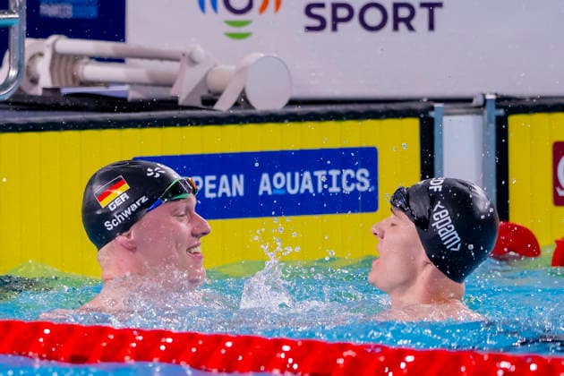 France, Paris, Centre Aquatique Olympique Metropole du Grand Paris, August 12, 2026, European Aquatics Championships, Day 13 Final Session, Sven Schwarz, Waspo 98 Hannover and Johannes Liebmann, SC Magdeburg, Germany, Photo by Eibner Pressefoto Tino Henschel European Aquatics Championships, Day 13 Final Session, Paris Copyright: xEibnerxPressefotox