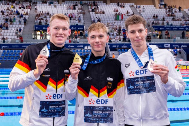 France, Paris, Centre Aquatique Olympique Metropole du Grand Paris, August 12, 2026, European Aquatics Championships, Day 13 Final Session, Sven Schwarz, Waspo 98 Hannover, Johannes Liebmann, SC Magdeburg, Germany, Zalan Sarkany, Hungary, Photo by Eibner Pressefoto Tino Henschel European Aquatics Championships, Day 13 Final Session, Paris Copyright: xEibnerxPressefotox