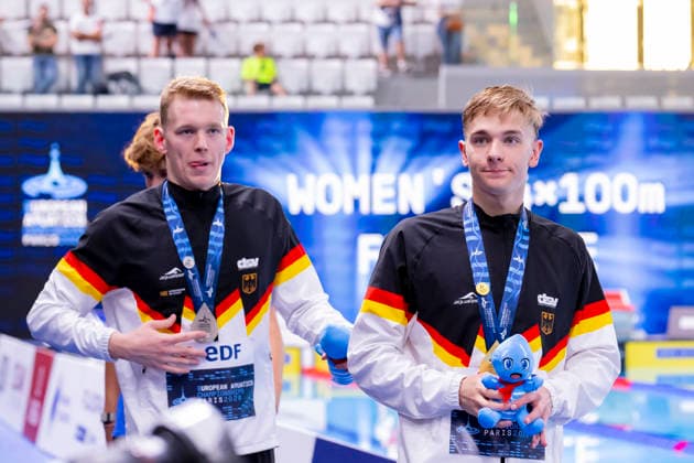 France, Paris, Centre Aquatique Olympique Metropole du Grand Paris, August 12, 2026, European Aquatics Championships, Day 13 Final Session, Sven Schwarz, Waspo 98 Hannover and Johannes Liebmann, SC Magdeburg, Germany, Photo by Eibner Pressefoto Tino Henschel European Aquatics Championships, Day 13 Final Session, Paris Copyright: xEibnerxPressefotox
