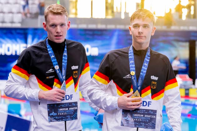 France, Paris, Centre Aquatique Olympique Metropole du Grand Paris, August 12, 2026, European Aquatics Championships, Day 13 Final Session, Sven Schwarz, Waspo 98 Hannover and Johannes Liebmann, SC Magdeburg, Germany, Photo by Eibner Pressefoto Tino Henschel European Aquatics Championships, Day 13 Final Session, Paris Copyright: xEibnerxPressefotox