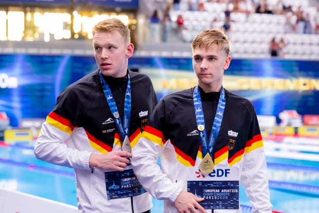 France, Paris, Centre Aquatique Olympique Metropole du Grand Paris, August 12, 2026, European Aquatics Championships, Day 13 Final Session, Sven Schwarz, Waspo 98 Hannover and Johannes Liebmann, SC Magdeburg, Germany, Photo by Eibner Pressefoto Tino Henschel European Aquatics Championships, Day 13 Final Session, Paris Copyright: xEibnerxPressefotox