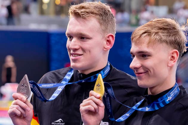 France, Paris, Centre Aquatique Olympique Metropole du Grand Paris, August 12, 2026, European Aquatics Championships, Day 13 Final Session, Sven Schwarz, Waspo 98 Hannover and Johannes Liebmann, SC Magdeburg, Germany, Photo by Eibner Pressefoto Tino Henschel European Aquatics Championships, Day 13 Final Session, Paris Copyright: xEibnerxPressefotox