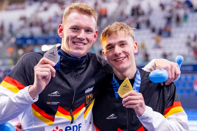 France, Paris, Centre Aquatique Olympique Metropole du Grand Paris, August 12, 2026, European Aquatics Championships, Day 13 Final Session, Sven Schwarz, Waspo 98 Hannover and Johannes Liebmann, SC Magdeburg, Germany, Photo by Eibner Pressefoto Tino Henschel European Aquatics Championships, Day 13 Final Session, Paris Copyright: xEibnerxPressefotox