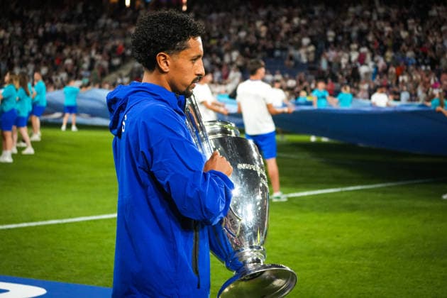 Soccer Austria UEFA Super Cup 2026 Final, August 12, 2026 Paris Saint-Germain (PSG) France vs. Aston Villa FC England Salzburg Stadium, Salzburg, Austria Marquinhos of Paris Saint-Germain with the Champions League trophy Copyright: xLukasxBierederx