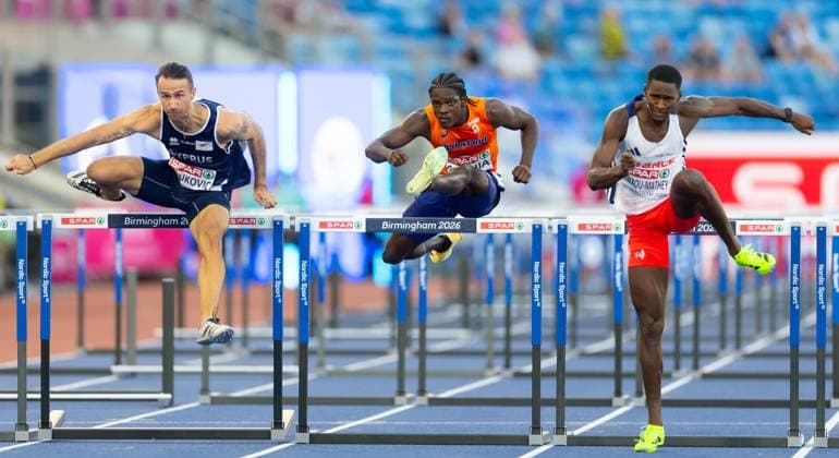 BIRMINGHAM - Matthew Sophia during the 110-meter hurdles qualification on the third day of the European Athletics Championships. IRIS VAN DEN BROEK ANP xVIxANPxSportx xxANPxIVx 565336921 originalFilename: 565336921