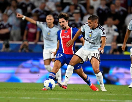 August 12, 2026, Soccer: 2026 UEFA Super Cup Final in Salzburg, Austria; Paris Saint-Germain vs. Aston Villa at the Red Bull Arena in Wals near Salzburg—featuring Vitinha of Paris Saint-Germain against Emiliano Buendia of Aston Villa