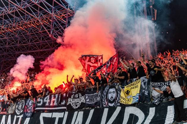 Superbet Super Cup Greece: AEK Athens vs. OFI Crete on August 12, 2026, at Pankritio Stadium in Heraklion. OFI fans celebrate the Super Cup victory. Copyright: xBahhoxKarax