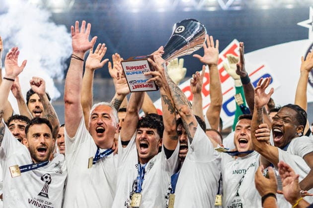 Superbet Super Cup Greece: AEK Athens vs. OFI Crete on August 12, 2026, at Pankritio Stadium in Heraklion—Celebrations following the Super Cup victory Copyright: xBahhoxKarax
