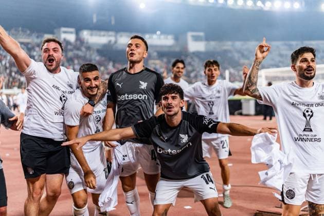 Superbet Super Cup Greece: AEK Athens vs. OFI Crete on August 12, 2026, at Pankritio Stadium in Heraklion—Celebrations following the Super Cup victory Copyright: xBahhoxKarax