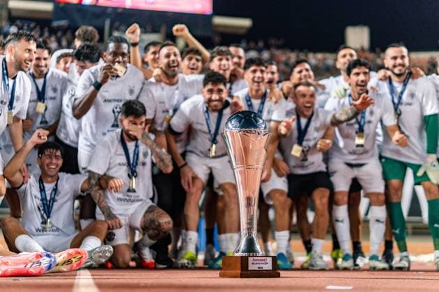 Superbet Super Cup Greece: AEK Athens vs. OFI Crete on August 12, 2026, at Pankritio Stadium in Heraklion—Celebrations following the Super Cup victory Copyright: xBahhoxKarax