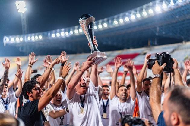 Superbet Super Cup Greece: AEK Athens vs. OFI Crete on August 12, 2026, at Pankritio Stadium in Heraklion—Celebrations following the Super Cup victory Copyright: xBahhoxKarax