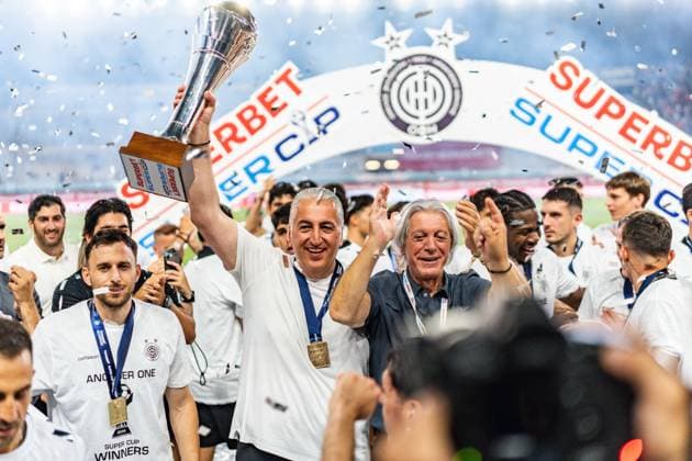 Superbet Super Cup Greece: AEK Athens vs. OFI Crete on August 12, 2026, at Pankritio Stadium in Heraklion—Celebrations following the Super Cup victory Copyright: xBahhoxKarax