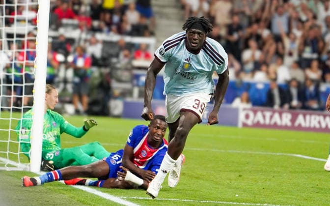 Austria Soccer 2026 UEFA Super Cup, Final: Paris Saint-Germain vs. Aston Villa FC, Red Bull Arena, Salzburg, August 12, 2026. Goal by Brian Madjo (Aston Villa FC), 39 Copyright: xAymanxAlahmedx