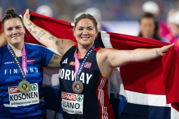 August 12, 2026: Beatrice Nedberge Llano of Norway celebrates after winning the bronze medal in the women’s hammer throw on Day 3 of the 2026 European Athletics Championships on August 12, 2026 in Birmingham. Photo by Mathias Bergeld. BILDBYRAN code MB MT1066. track and field, athletics, friidrett, friidrotts EM, 2026 European Athletics Championships, 3 BBENG, celebration, jubilation  Copyright: MATHIASxBERGELD BB260812MB123