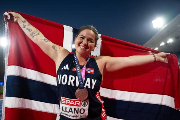 August 12, 2026: Beatrice Nedberge Llano of Norway celebrates after winning the bronze medal in the women’s hammer throw on Day 3 of the 2026 European Athletics Championships on August 12, 2026 in Birmingham. Photo by Mathias Bergeld. BILDBYRAN code MB MT1066. track and field, athletics, friidrett, friidrotts EM, 2026 European Athletics Championships, 3, celebration, jubilation  Copyright: MATHIASxBERGELD BB260812MB124