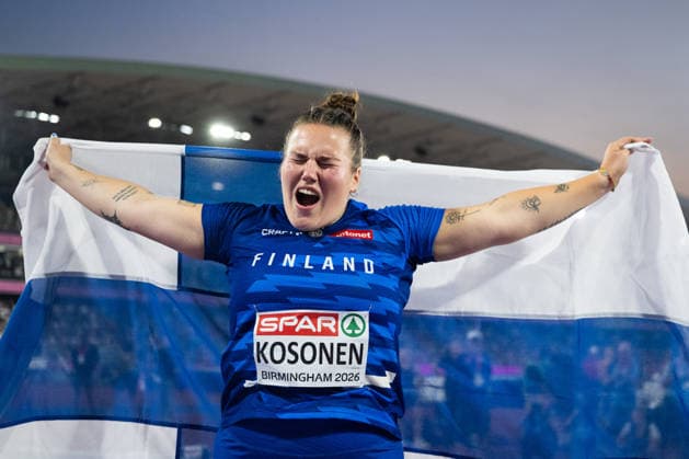 August 12, 2026: Silja Kosonen of Finland celebrates after winning the women’s hammer throw final on Day 3 of the 2026 European Athletics Championships in Birmingham. 2026 in Birmingham. Photo by Mathias Bergeld, BILDBYRAN, code MB MT1066. track and field, athletics, friidrett, friidrotts EM, 2026 European Athletics Championships, 3, celebration, jubilation Copyright: MATHIASxBERGELD BB260812MB125